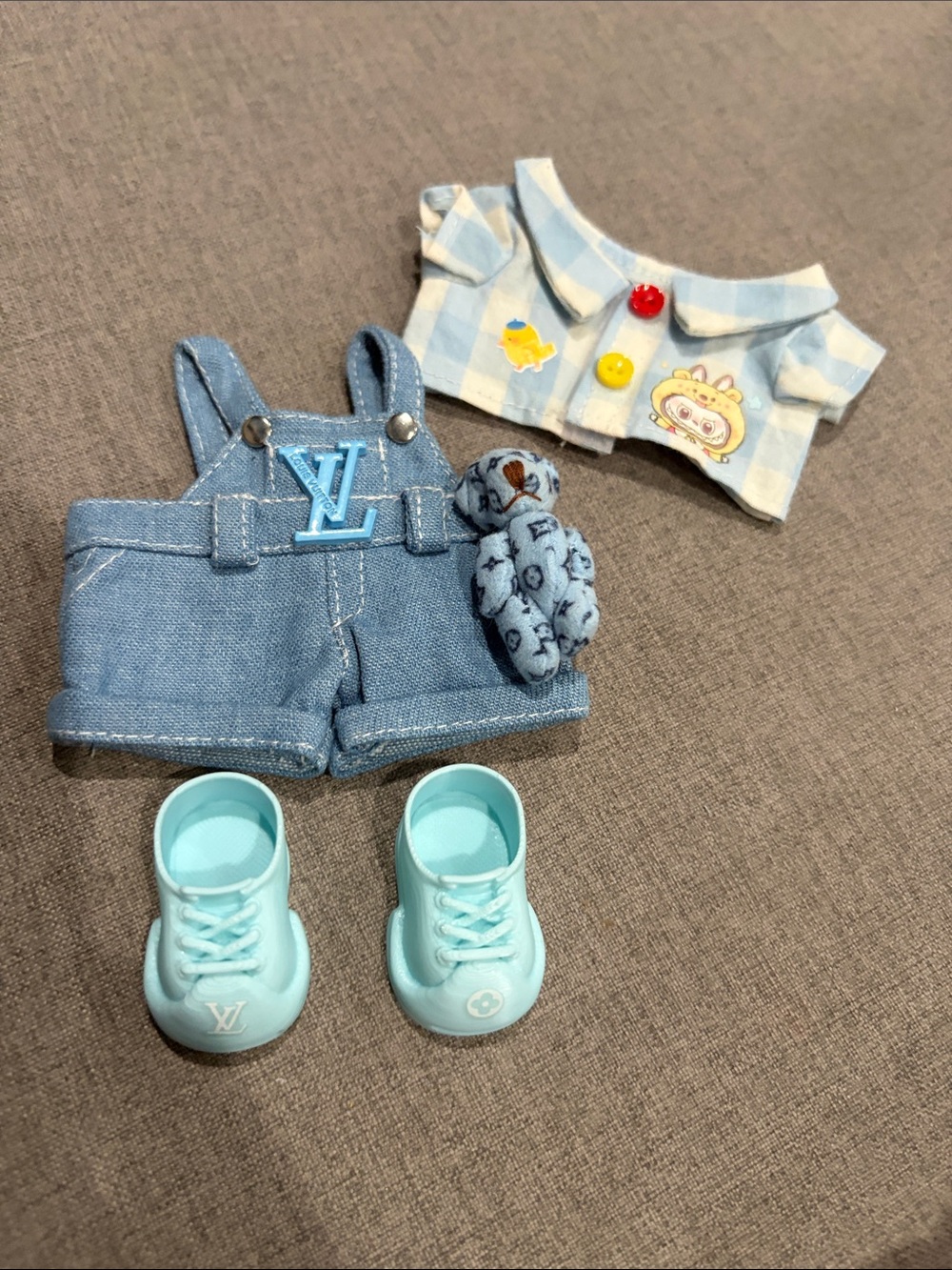 Labubu or Small Doll LV Blue Denim Overalls Set with Matching Sneakers